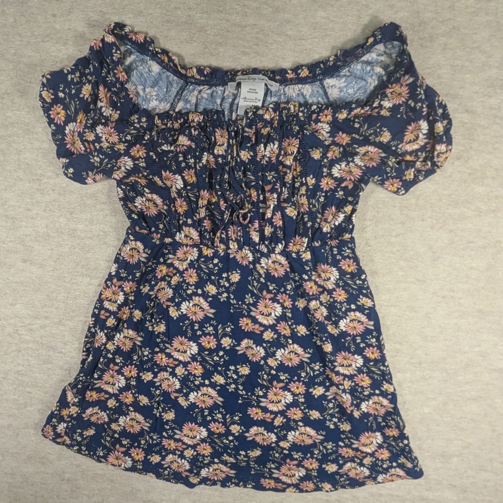 American Rag Navy Blue Floral Top Blouse Babydoll Y2K Off Shoulder Fall Color XS